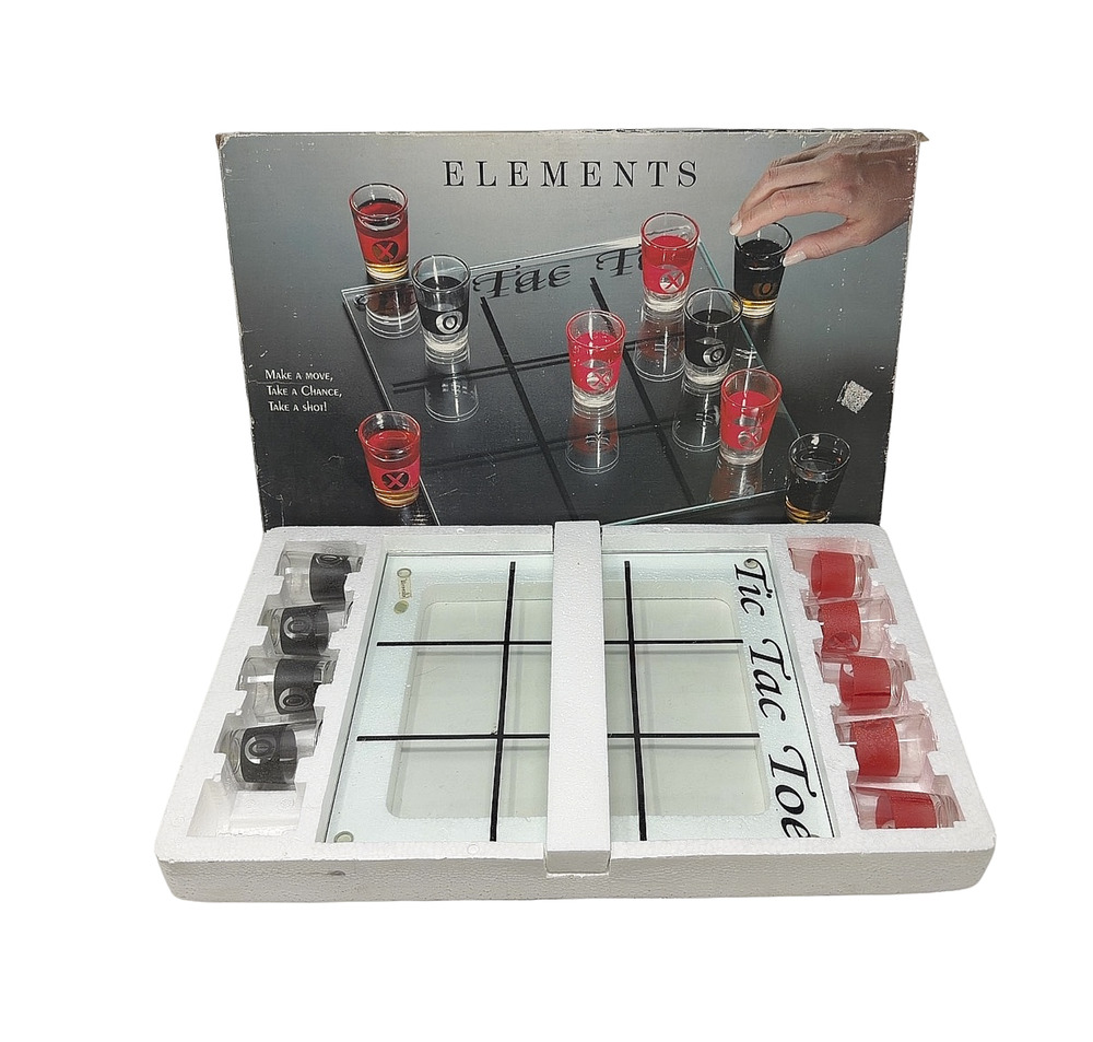 Elements Tic Tac Toe Shot Game Glass Board Set 9 Pc Red Black Open Box